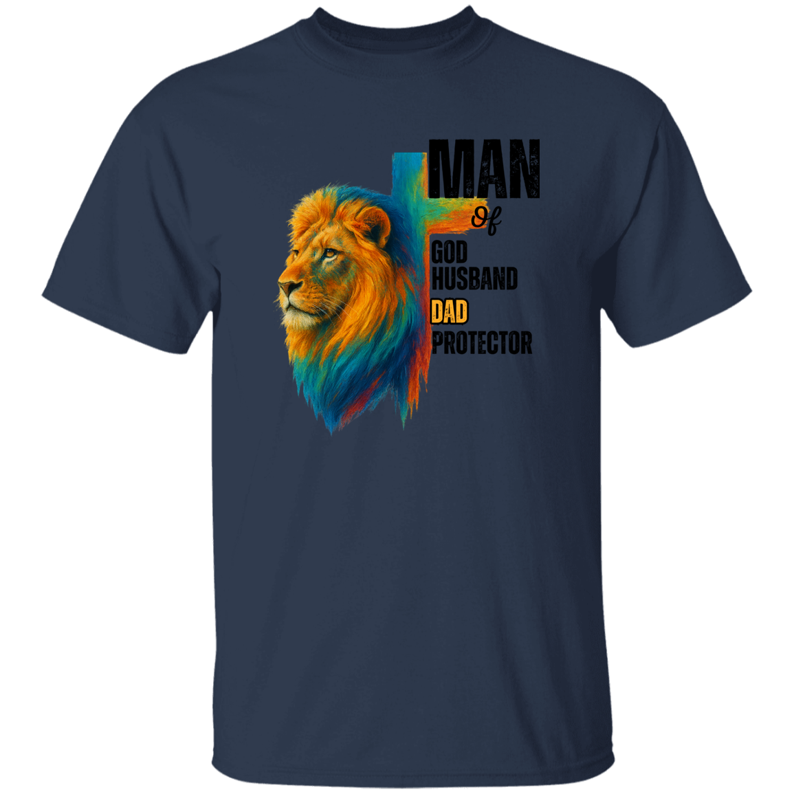 a navy t-shirt with a colorful lion graphic and text.