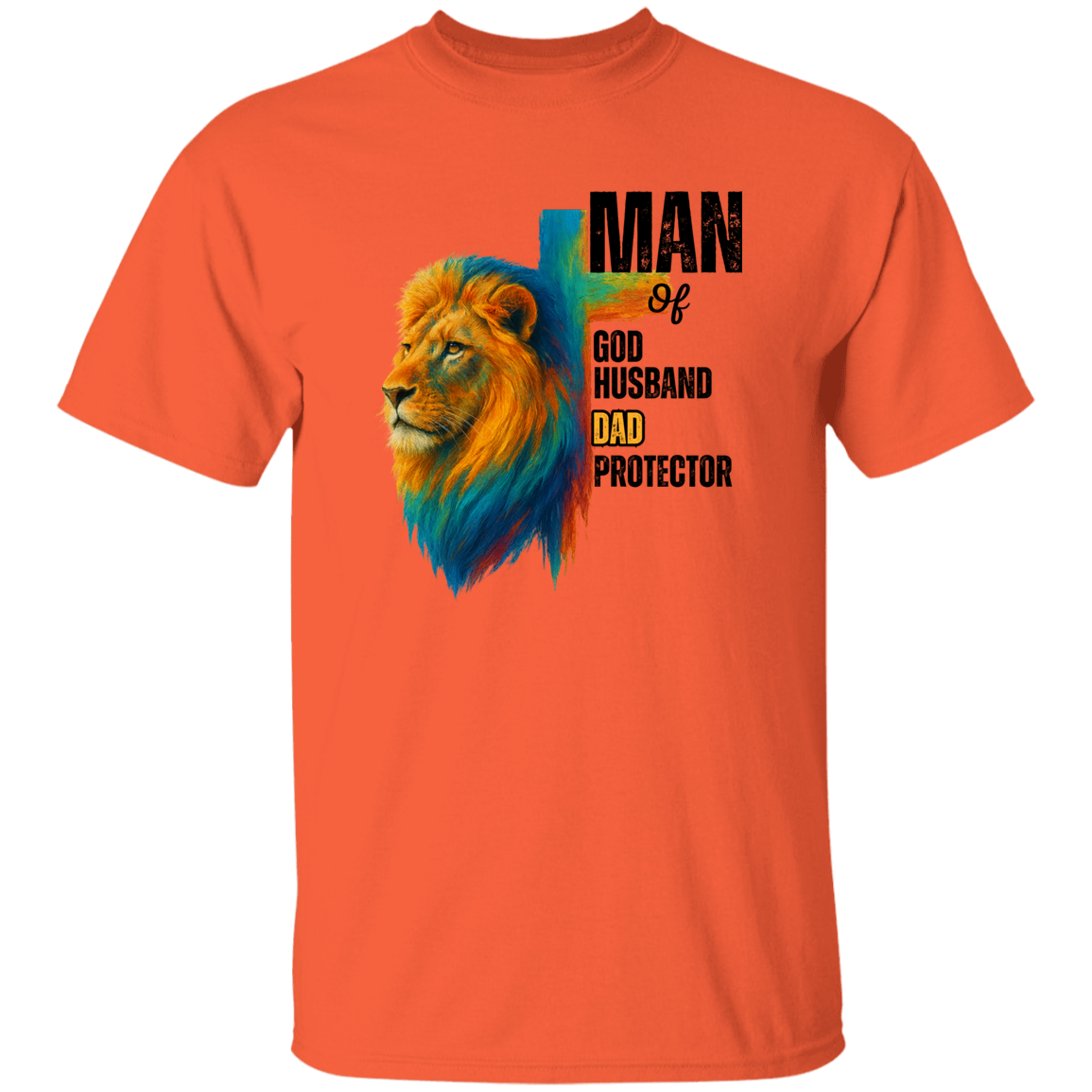 a orange t-shirt with a colorful lion graphic and text.