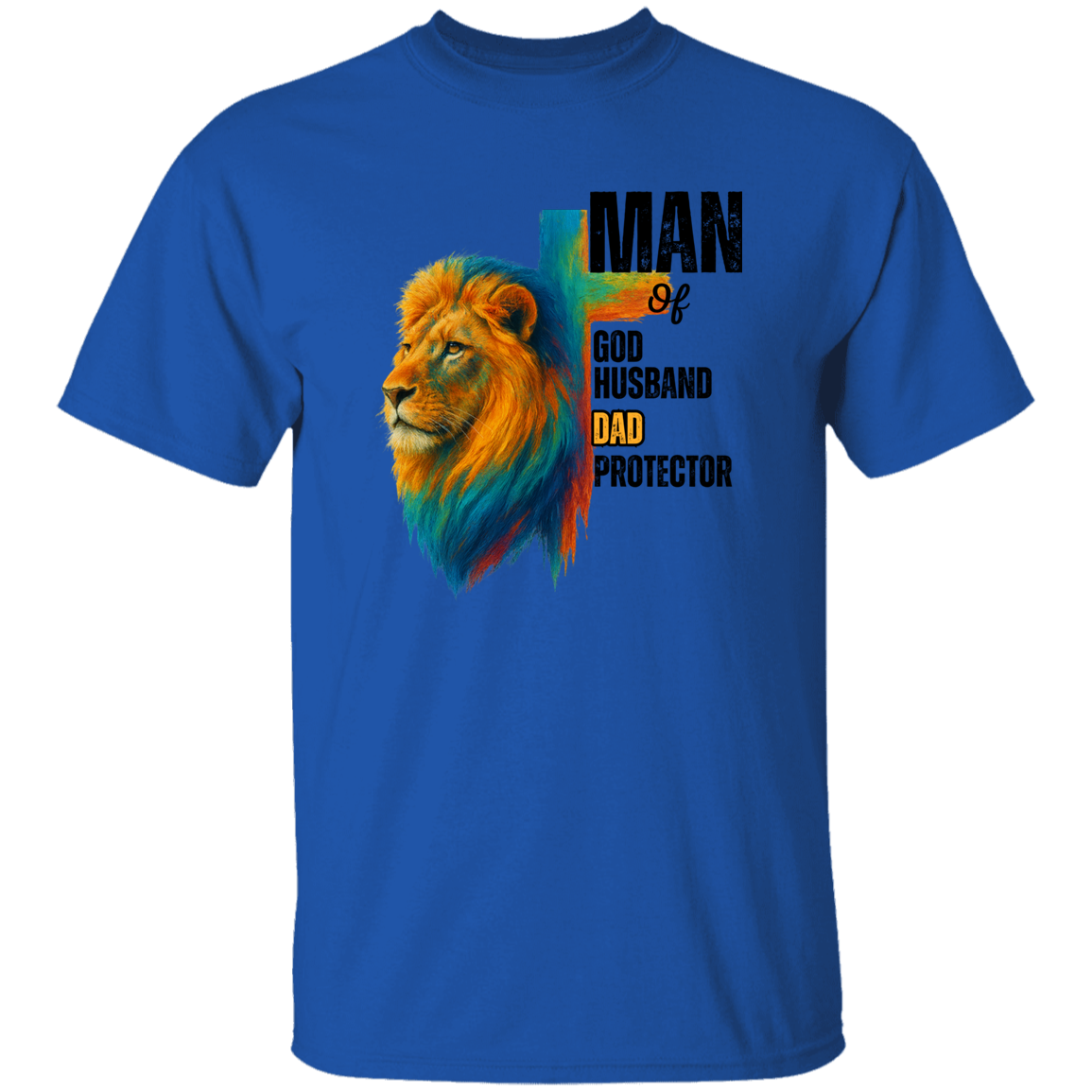 a royal t-shirt with a colorful lion graphic and text.