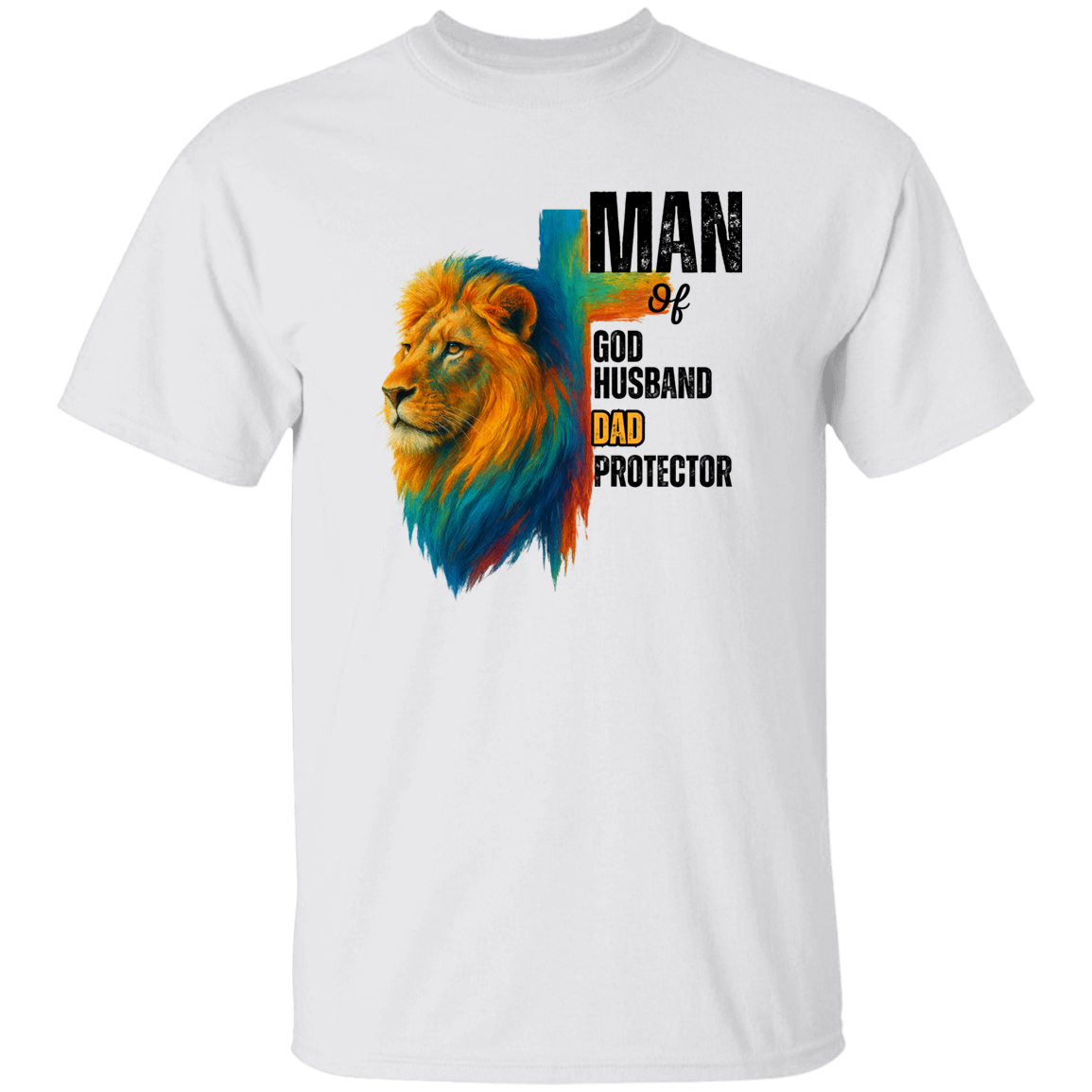 a white t-shirt with a colorful lion graphic and text.
