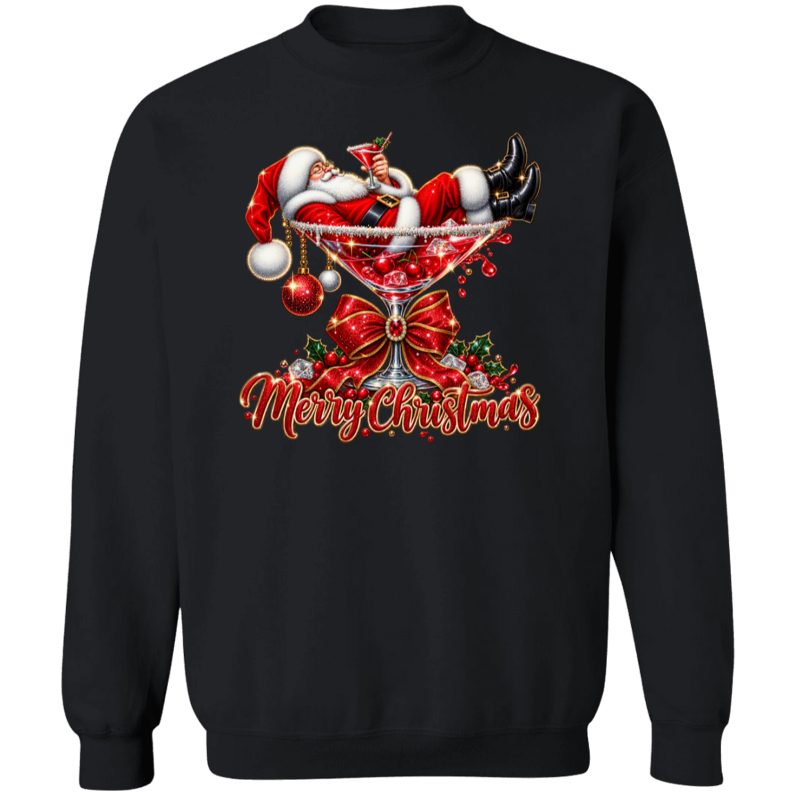 A black crewneck sweatshirt featuring a festive graphic of Santa Claus lounging in a martini glass with red ornaments, holly, and the text 'Merry Christmas' in red script.