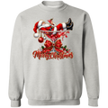 A light gray crewneck sweatshirt featuring a festive Christmas graphic on the front. The design shows Santa Claus lounging in a martini glass with red ornaments, a large red bow, holly, and the text 'Merry Christmas' in red script.