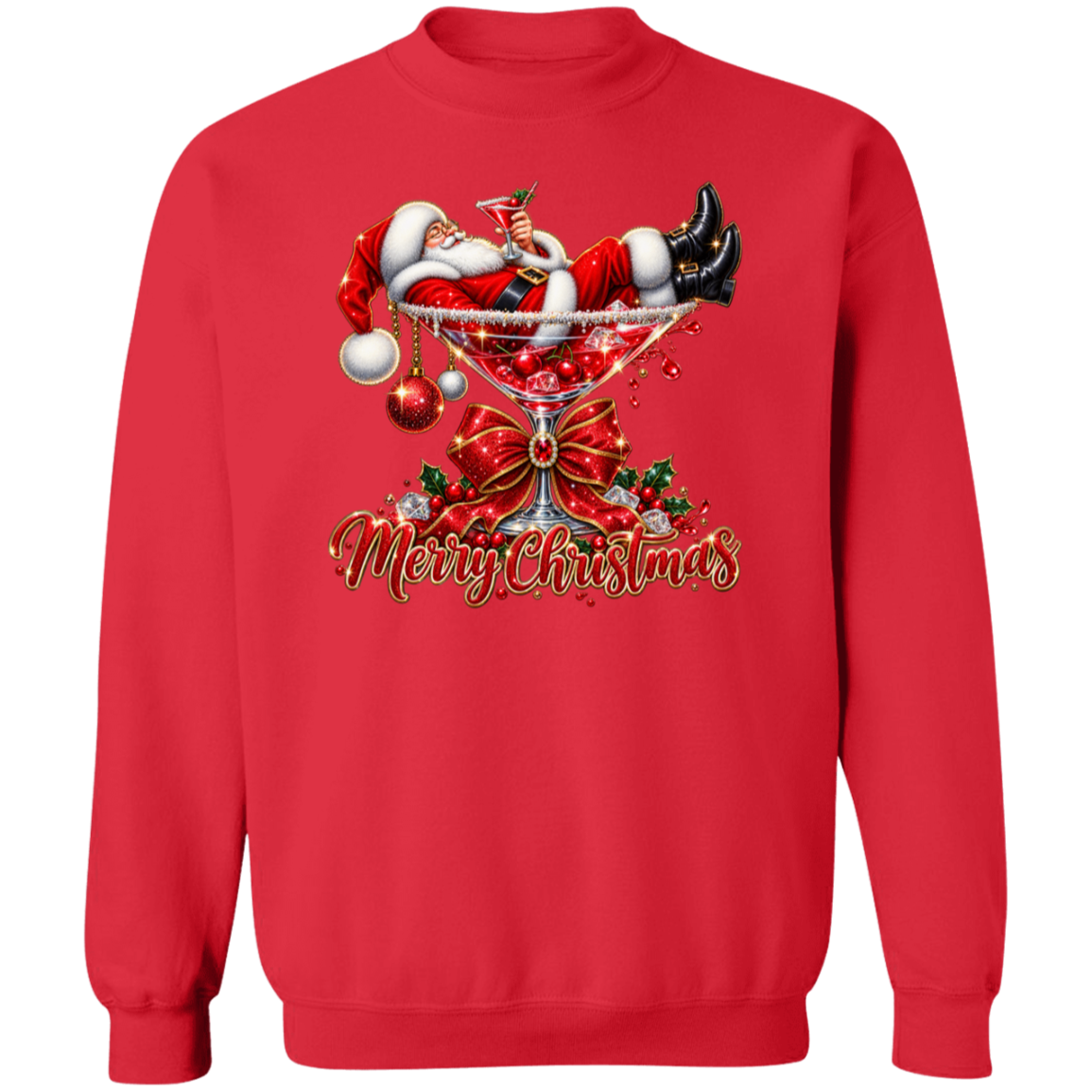 A red crewneck sweatshirt featuring a festive Christmas graphic on the front. The design shows Santa Claus lounging in a martini glass filled with red berries, complete with a large red bow, holly, and the text 'Merry Christmas' in gold glittery lettering.