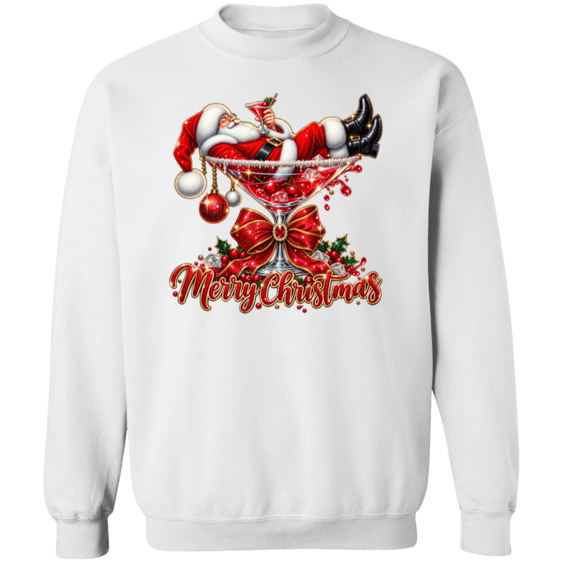A white crewneck sweatshirt featuring a festive Christmas graphic on the chest. The design shows Santa Claus lounging in a martini glass with a large red bow, holly, ornaments, and the text 'Merry Christmas' in red glittery script.