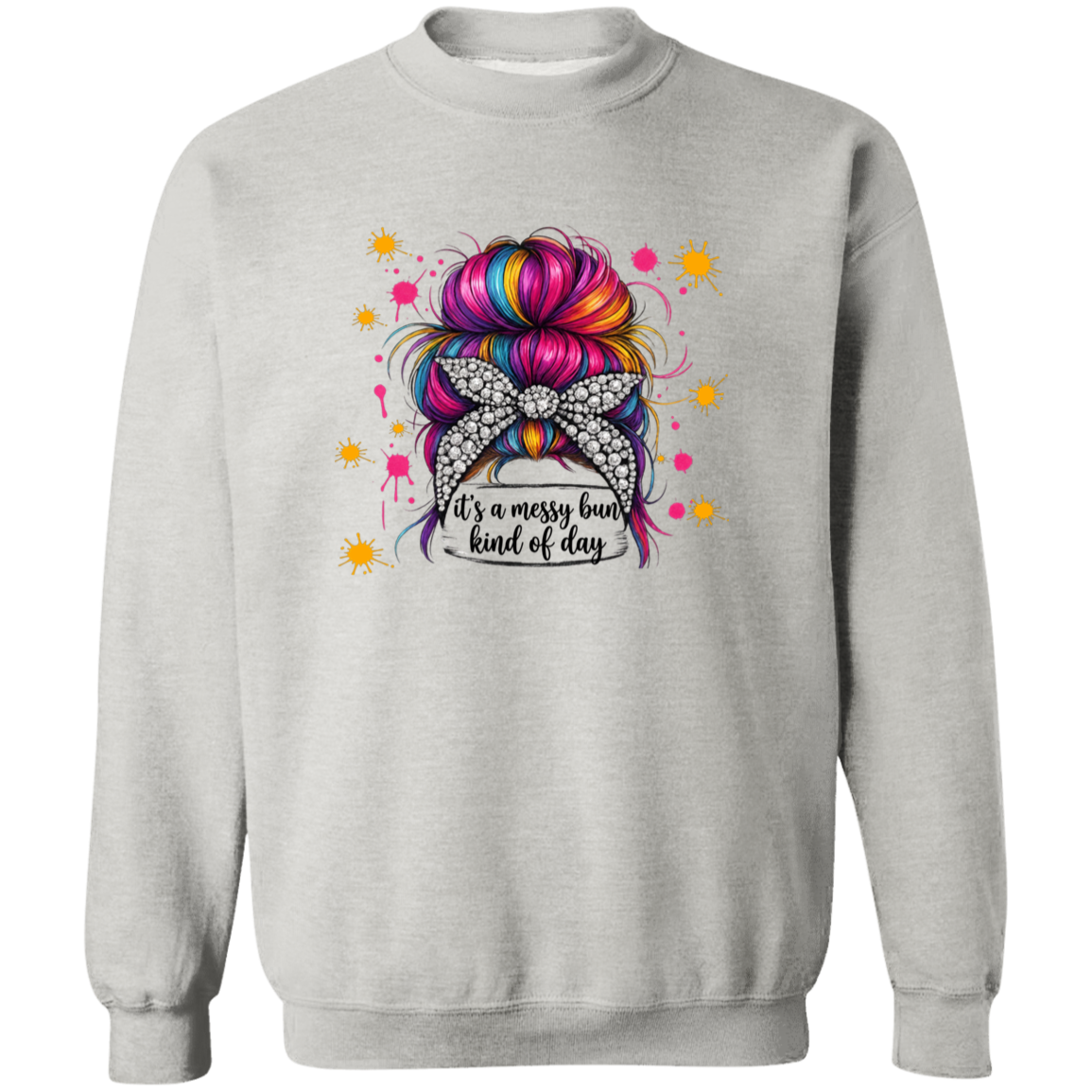 a Ash sweatshirt with a colorful bun design and text.