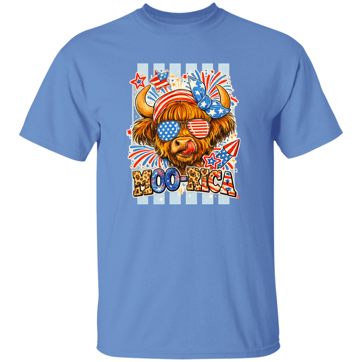 Blue t-shirt with a cartoon bull wearing sunglasses and a bandana, text 'HOO-RICA', on a white background.