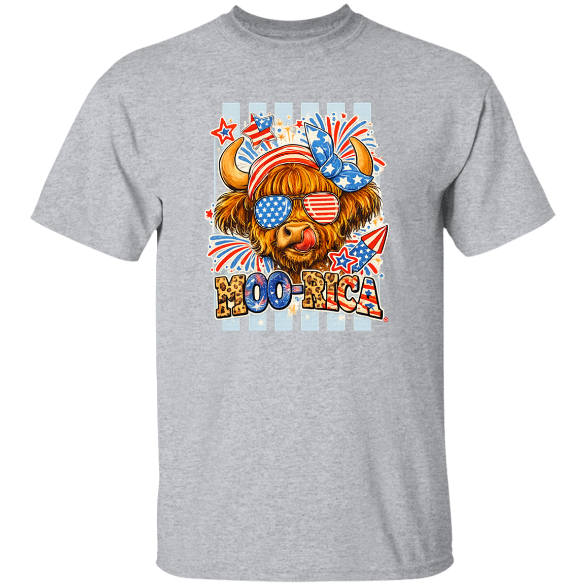Gray t-shirt with a colorful graphic of a bull wearing sunglasses and American flags, with 'HOO-RIGA' text on a white background.