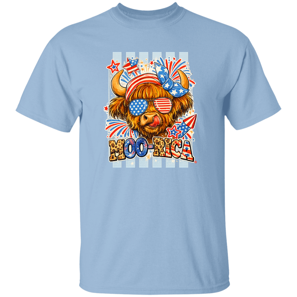 Light blue t-shirt with a cartoon bull wearing sunglasses and an American flag headband, with 'HOO-RICA' text.
