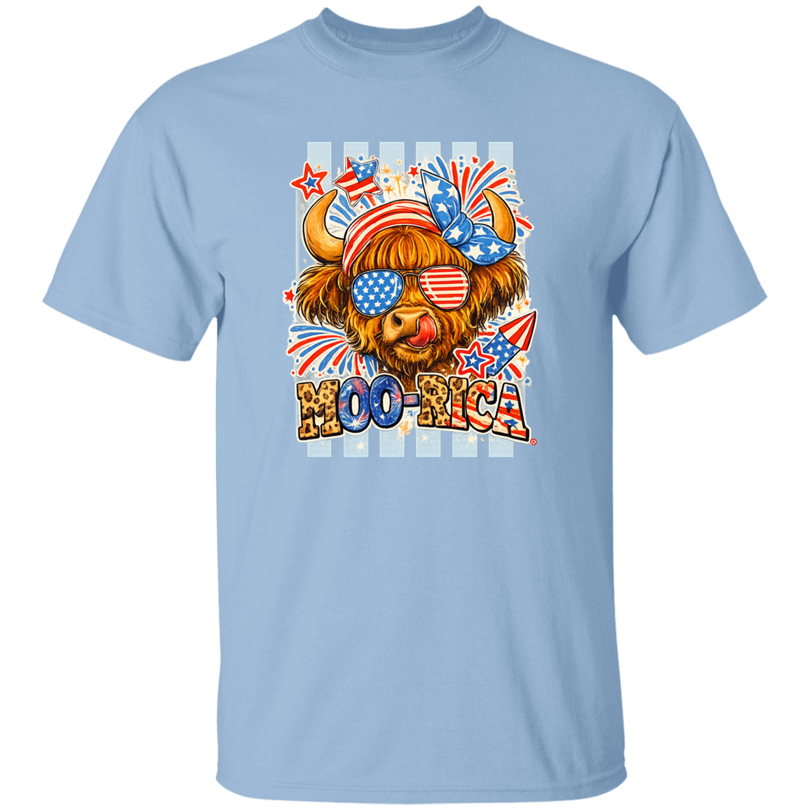 Light blue t-shirt with a cartoon bull wearing sunglasses and an American flag headband, with 'HOO-RICA' text.
