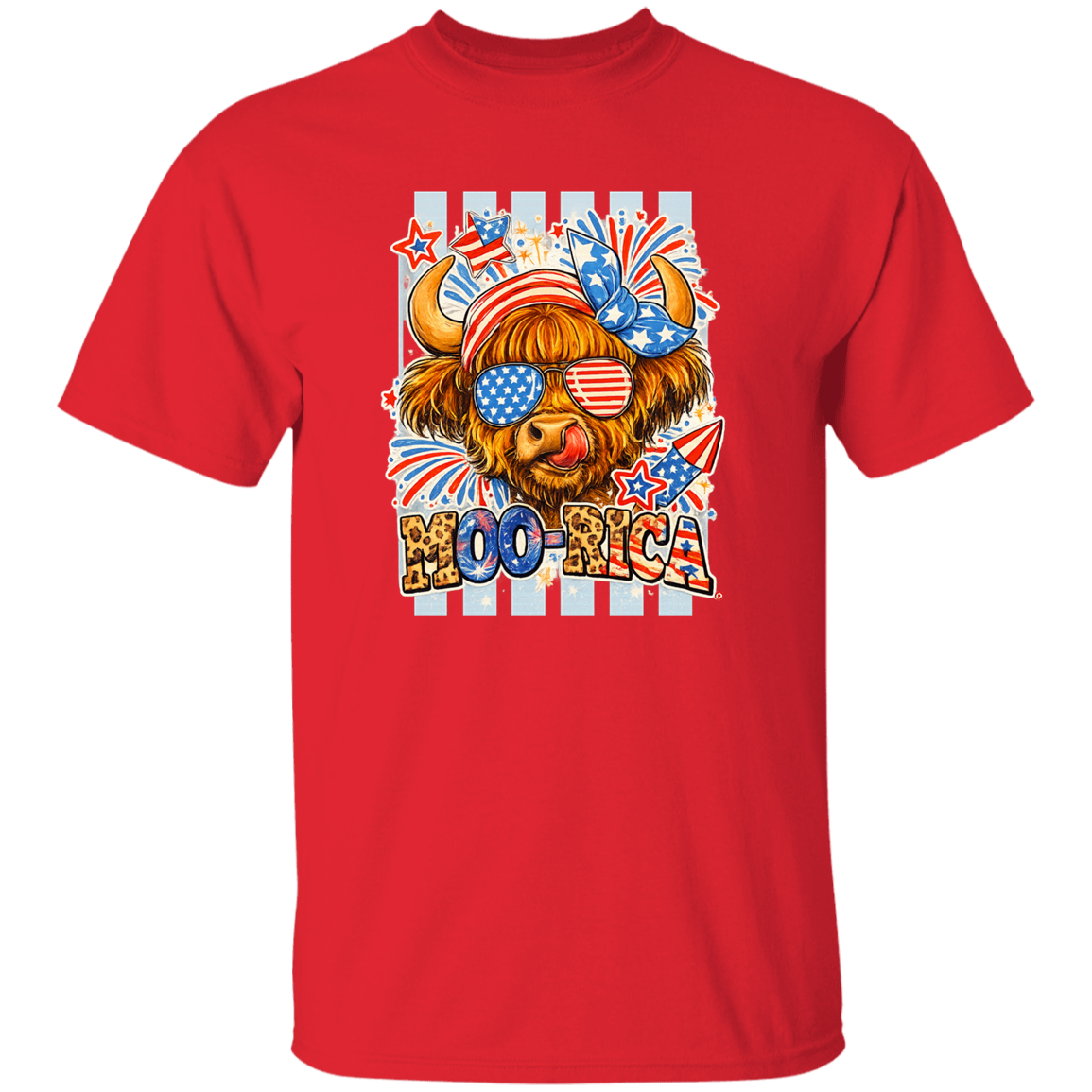 Red t-shirt with a graphic of a cow wearing sunglasses and an American flag hat, with 'HOO-RICA' text on a white background.