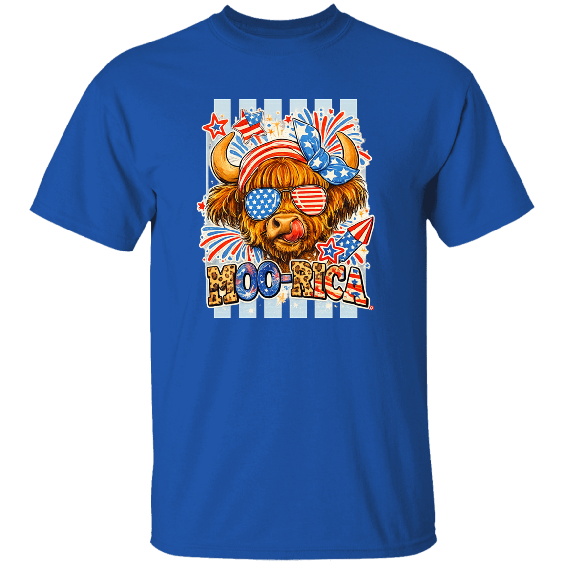 Blue t-shirt with a cartoon bull wearing sunglasses and an American flag hat, with 'HOO-RICA' text on a white background.