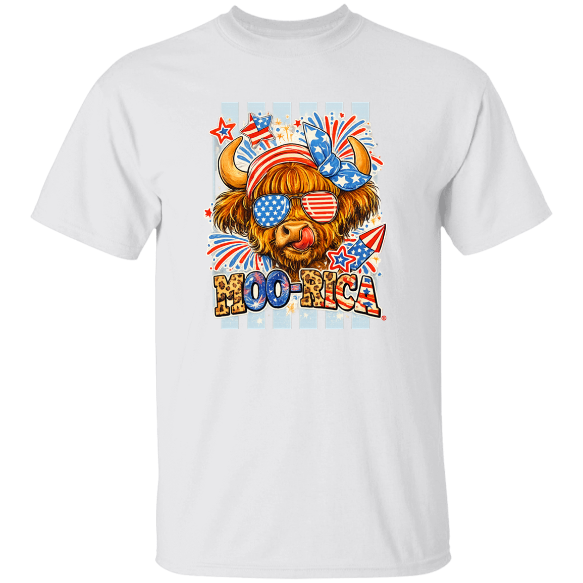 White t-shirt with a colorful bull graphic and 'HOO-RIGA' text on a white background