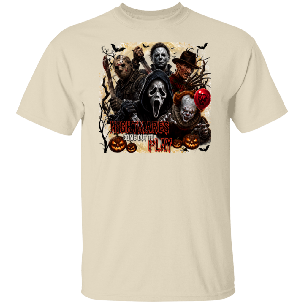 A beige crewneck t-shirt featuring a large graphic print of horror movie villains including Jason, Michael Myers, Freddy Krueger, and the text 'NIGHTMARES COME OUT TO PLAY'.
