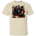 A beige crewneck t-shirt featuring a large graphic print of horror movie villains including Jason, Michael Myers, Freddy Krueger, and the text 'NIGHTMARES COME OUT TO PLAY'.
