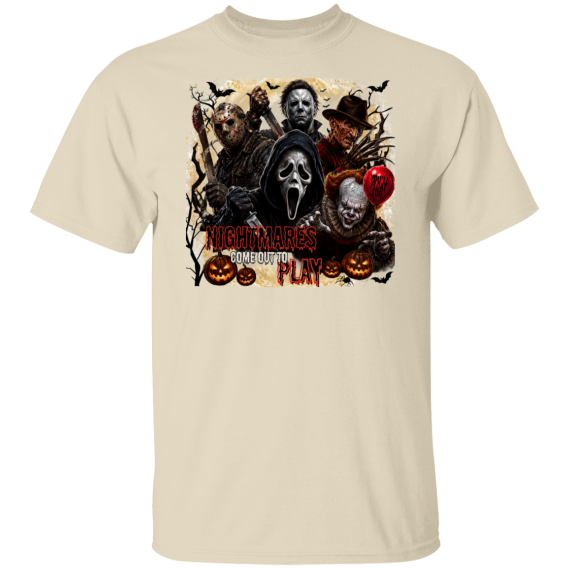 A beige crewneck t-shirt featuring a large graphic print of horror movie villains including Jason, Michael Myers, Freddy Krueger, and the text 'NIGHTMARES COME OUT TO PLAY'.