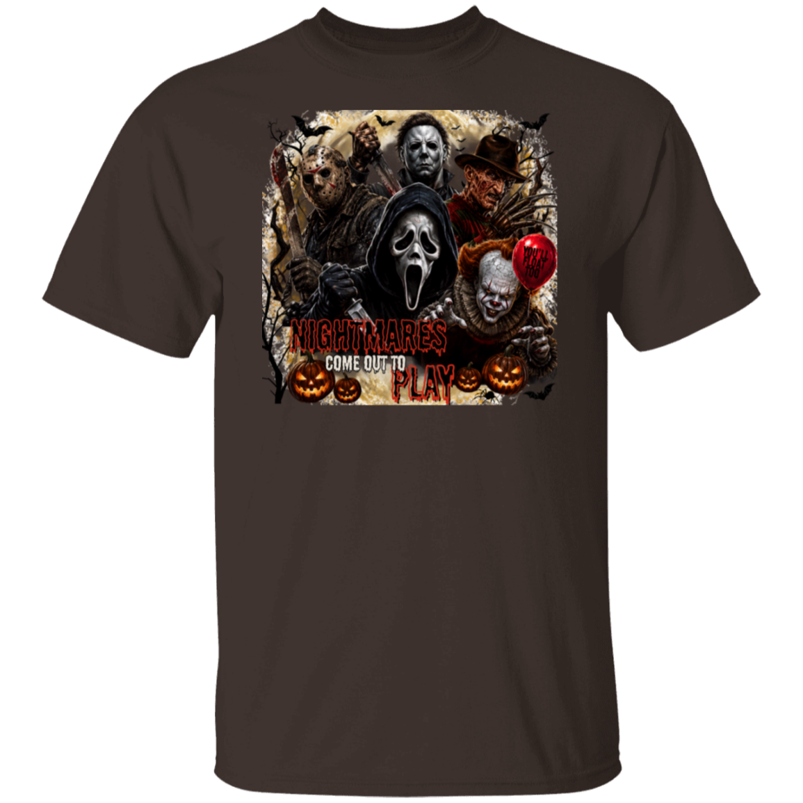A dark brown short-sleeve t-shirt with a large graphic print on the chest featuring horror movie villains including Michael Myers, Pennywise, and Jason, with the text 'NIGHTMARES Come Out To Play.