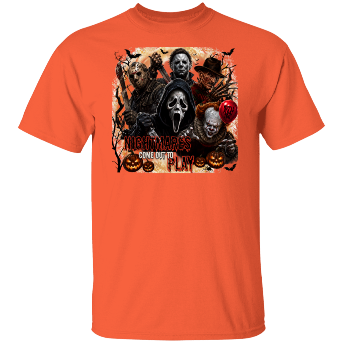 An orange short-sleeve crewneck t-shirt featuring a large graphic print on the front with horror movie villains and the text 'Nightmares Come Out to Play'.
