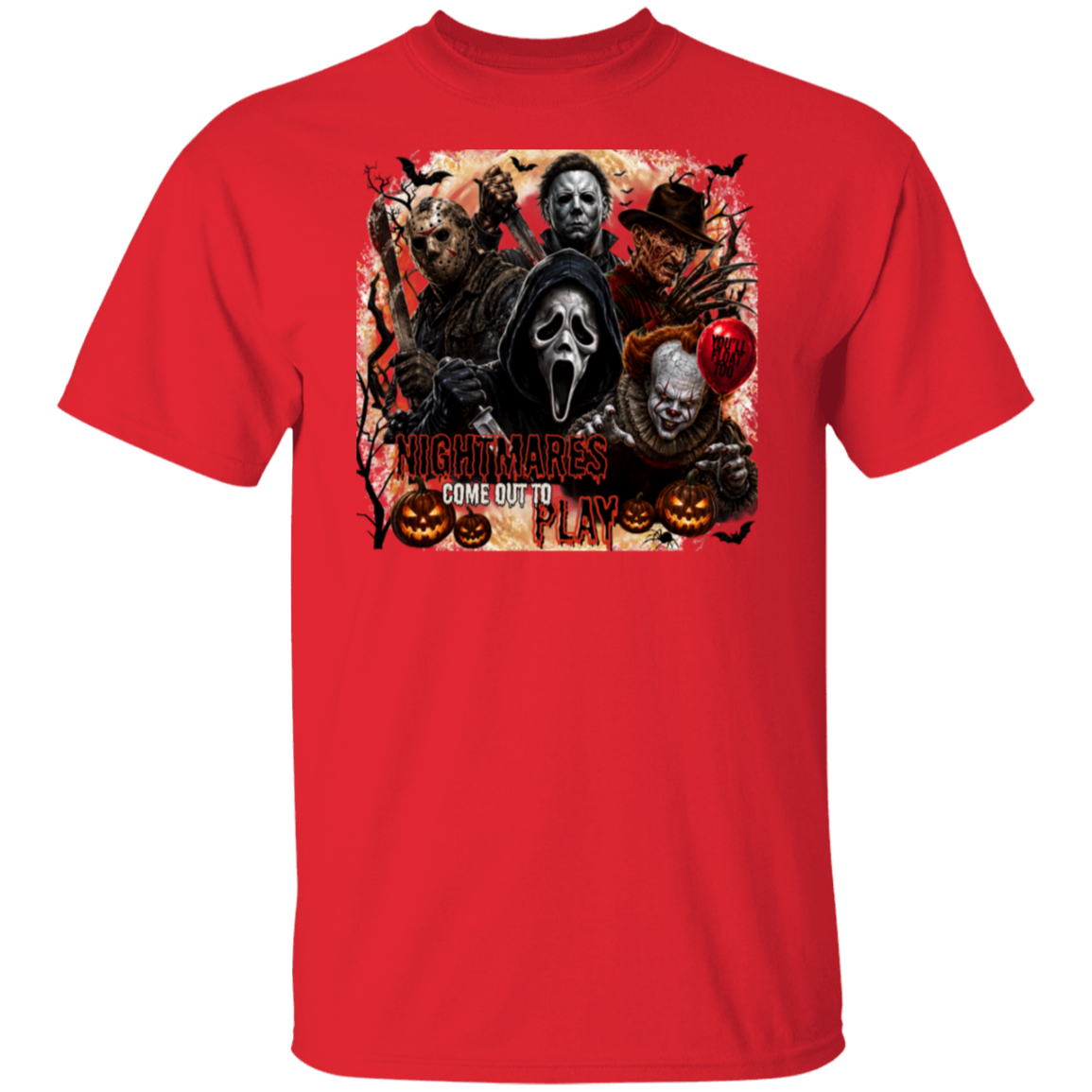A red short-sleeve crewneck t-shirt featuring a large graphic print on the front with horror movie villains including Freddy Krueger, Michael Myers, Jason, and the text 'Nightmares Come Out To Play.