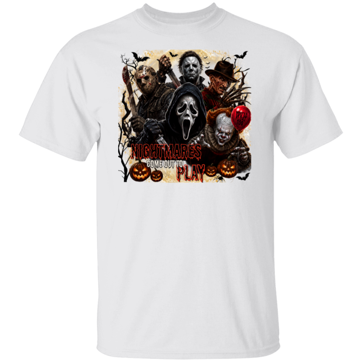 A white short-sleeve crewneck t-shirt featuring a large graphic print on the front with horror movie villains including Jason, Michael Myers, Freddy Krueger, and the text 'NIGHTMARES COME OUT TO PLAY'.