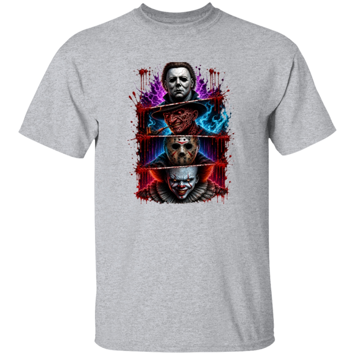 A heather gray short-sleeve crewneck t-shirt featuring a large graphic print of three horror movie killers (Michael Myers, Freddy Krueger, and Pennywise the Clown) stacked vertically with red blood splatters and blue energy effects.