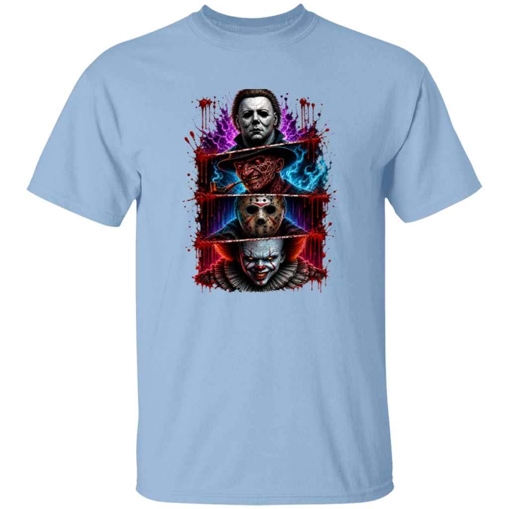 A light blue short-sleeve crewneck t-shirt featuring a large graphic print of three horror movie villains (Michael Myers, Freddy Krueger, and Pennywise) stacked vertically with red blood splatters and blue energy effects.