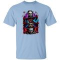 A light blue short-sleeve crewneck t-shirt featuring a large graphic print of three horror movie villains (Michael Myers, Freddy Krueger, and Pennywise) stacked vertically with red blood splatters and blue energy effects.