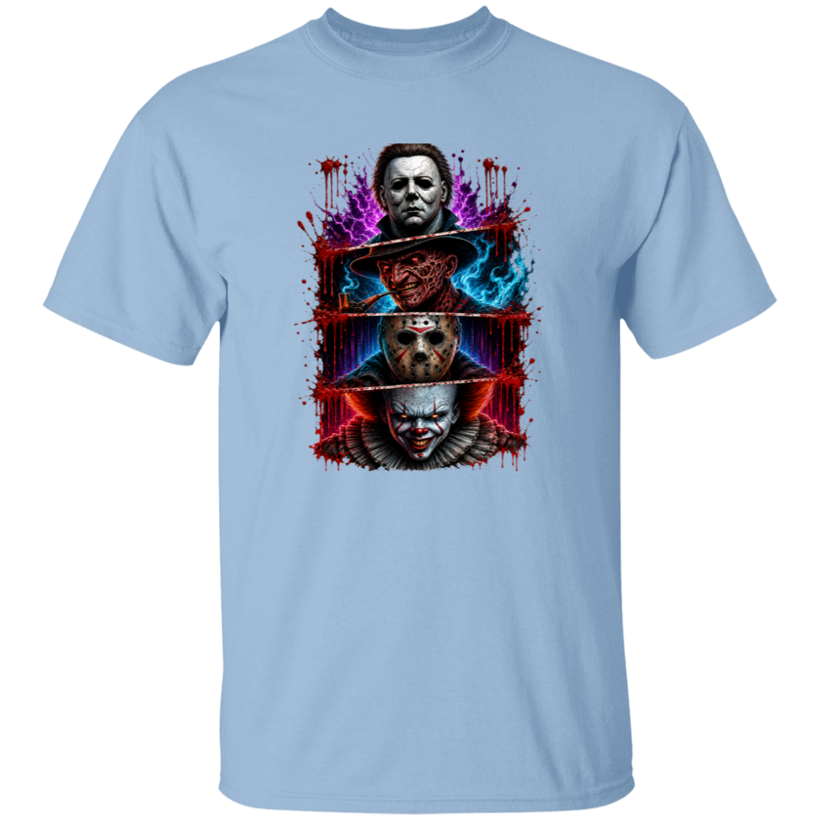 A light blue short-sleeve crewneck t-shirt featuring a large graphic print of three horror movie villains (Michael Myers, Freddy Krueger, and Pennywise) stacked vertically with red blood splatters and blue energy effects.