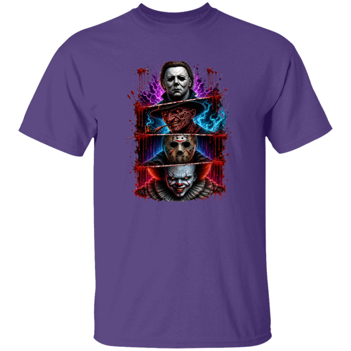 A purple short-sleeve crewneck t-shirt featuring a vertical graphic print of three horror movie villains: Michael Myers, Freddy Krueger, and Pennywise, set against a splattered red and blue background.