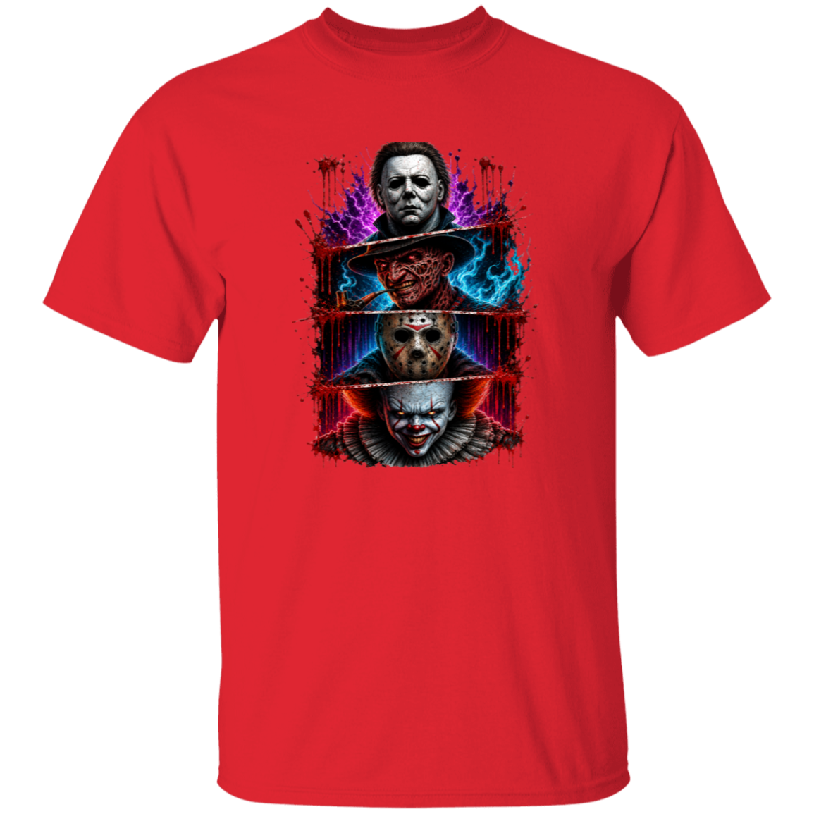 A red short-sleeve crewneck t-shirt featuring a stacked graphic print of three horror movie villains: Michael Myers, Jason Voorhees, and Pennywise the Clown, set against a clean white background.