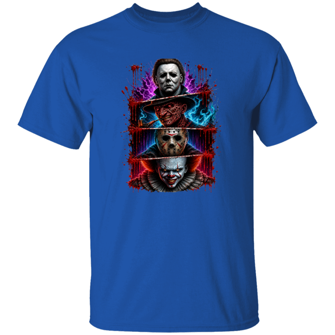 A royal blue short-sleeve crewneck t-shirt featuring a vertical graphic print of three horror movie villains: Michael Myers, Pennywise, and IT, with red blood splatters and blue energy effects.