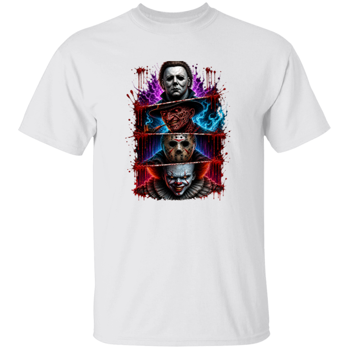 A white short-sleeve crewneck t-shirt featuring a large, colorful graphic print on the front. The graphic is a stacked collage of horror movie villains, including Michael Myers, Jason Voorhees, Freddy Krueger, and Pennywise, framed by red blood splatters and blue energy effects.