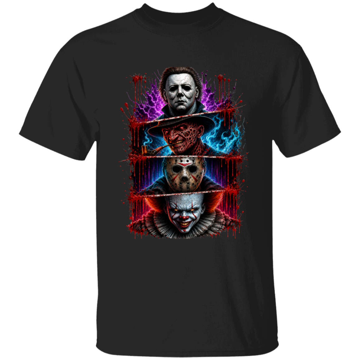 A black short-sleeve crewneck t-shirt featuring a large, colorful graphic print on the front showing horror movie villains Michael Myers, Jason Voorhees, Freddy Krueger, and Pennywise, separated by horizontal razor lines with red blood splatter details.
