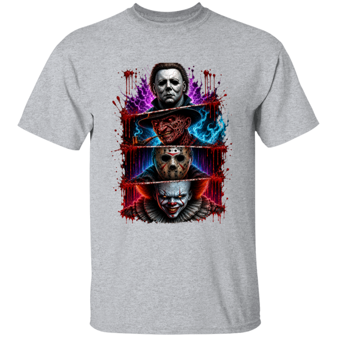 A heather gray short-sleeve crewneck t-shirt featuring a graphic print of three horror movie villains: Michael Myers, Jason Voorhees, and Pennywise the Clown, separated by horizontal red bars with a blood-splatter background.