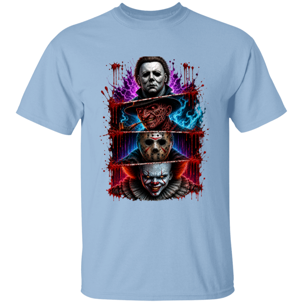 A light blue crewneck t-shirt featuring a large, colorful graphic print of three horror movie villains (Michael Myers, Jason Voorhees, and Pennywise the Clown) stacked vertically with a bloody chainsaw motif and paint splatters.