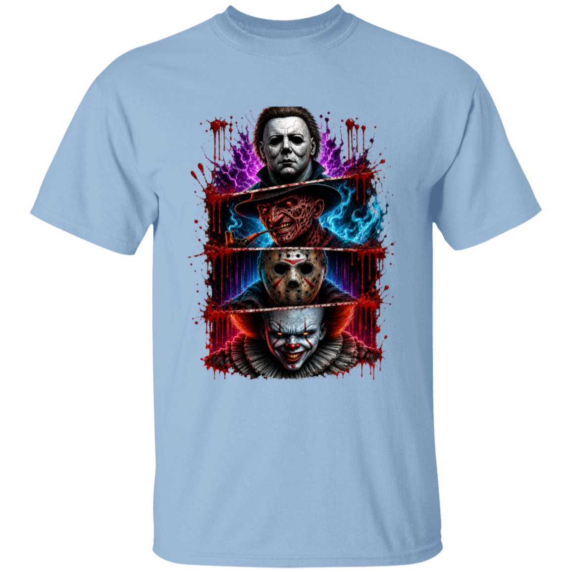 A light blue crewneck t-shirt featuring a large, colorful graphic print of three horror movie villains (Michael Myers, Jason Voorhees, and Pennywise the Clown) stacked vertically with a bloody chainsaw motif and paint splatters.