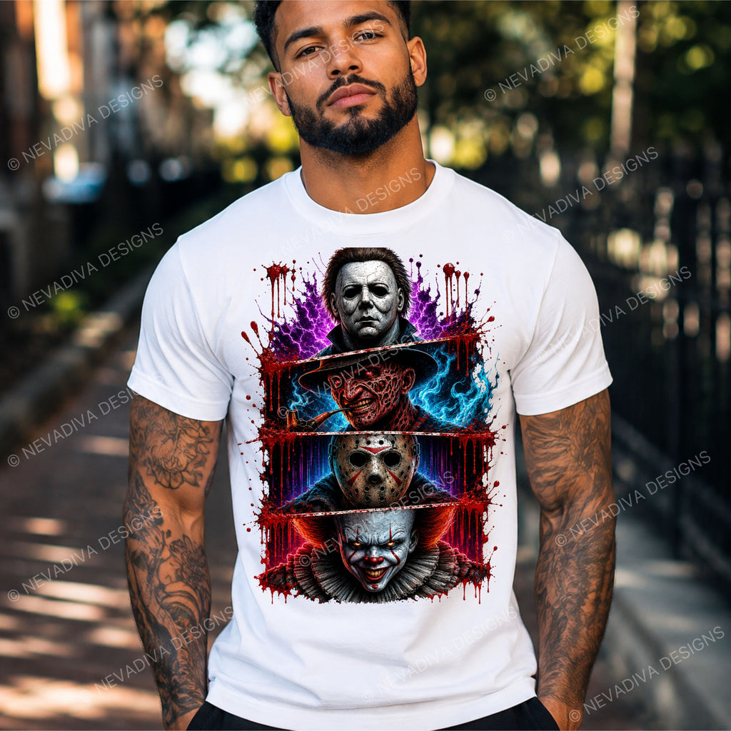 A man wearing a white graphic t-shirt featuring horror movie villains Michael Myers, Jason Voorhees, and Pennywise, set against a blurred outdoor street background.