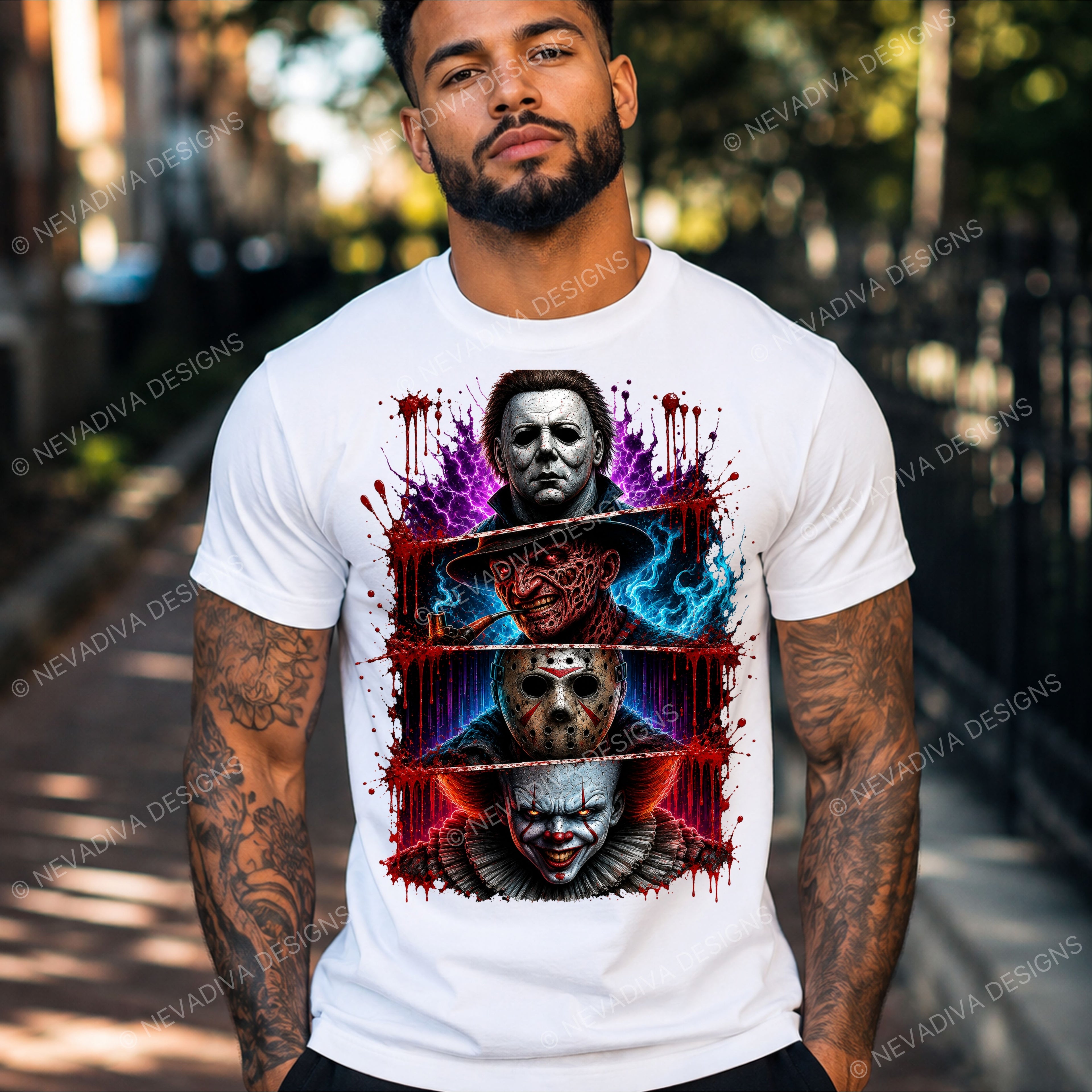 A man wearing a white graphic t-shirt featuring horror movie villains Michael Myers, Jason Voorhees, and Pennywise, set against a blurred outdoor street background.
