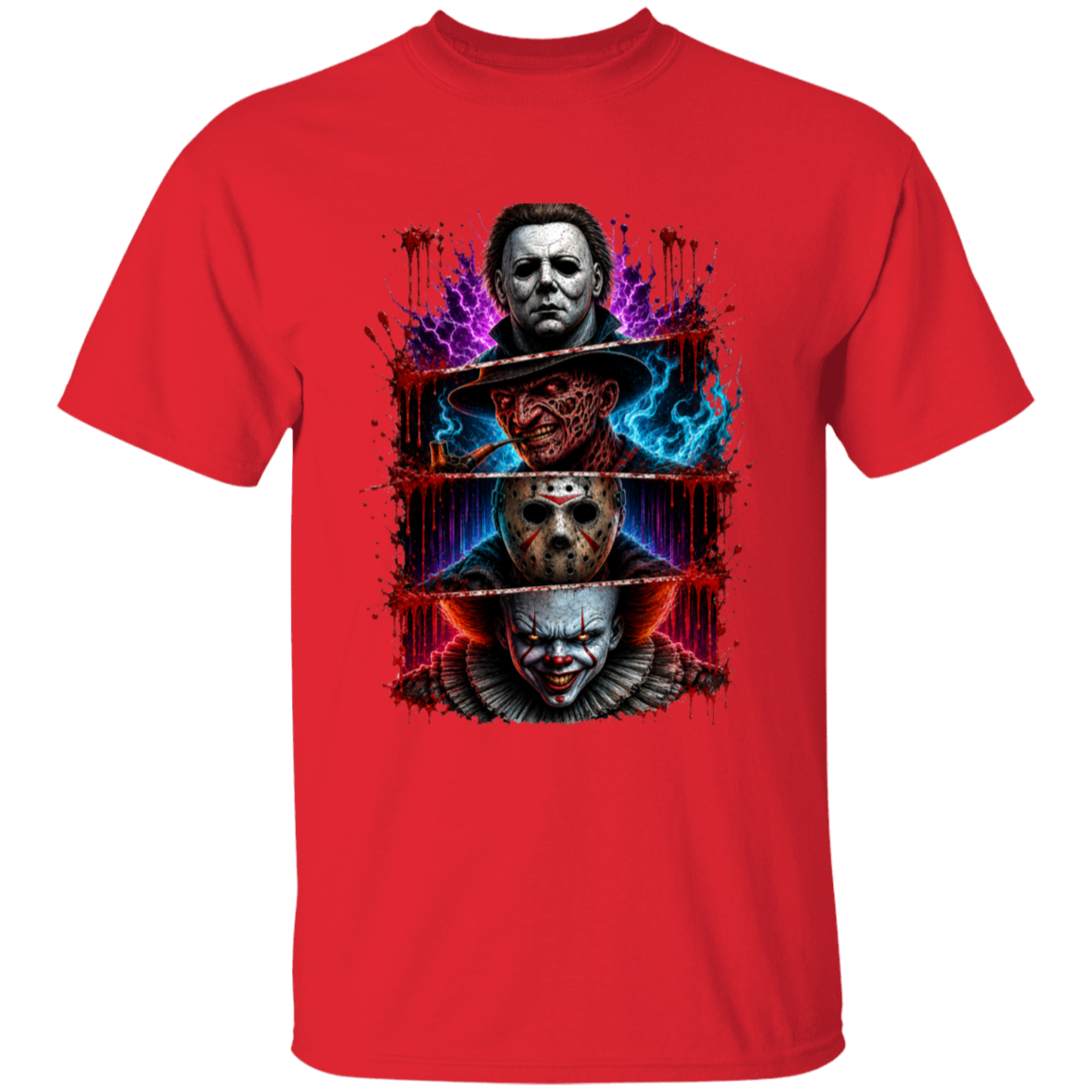 A red short-sleeve crewneck t-shirt featuring a stacked graphic print of three horror movie villains: Michael Myers, Jason Voorhees, and Pennywise the Clown, with blue and purple splatter effects.