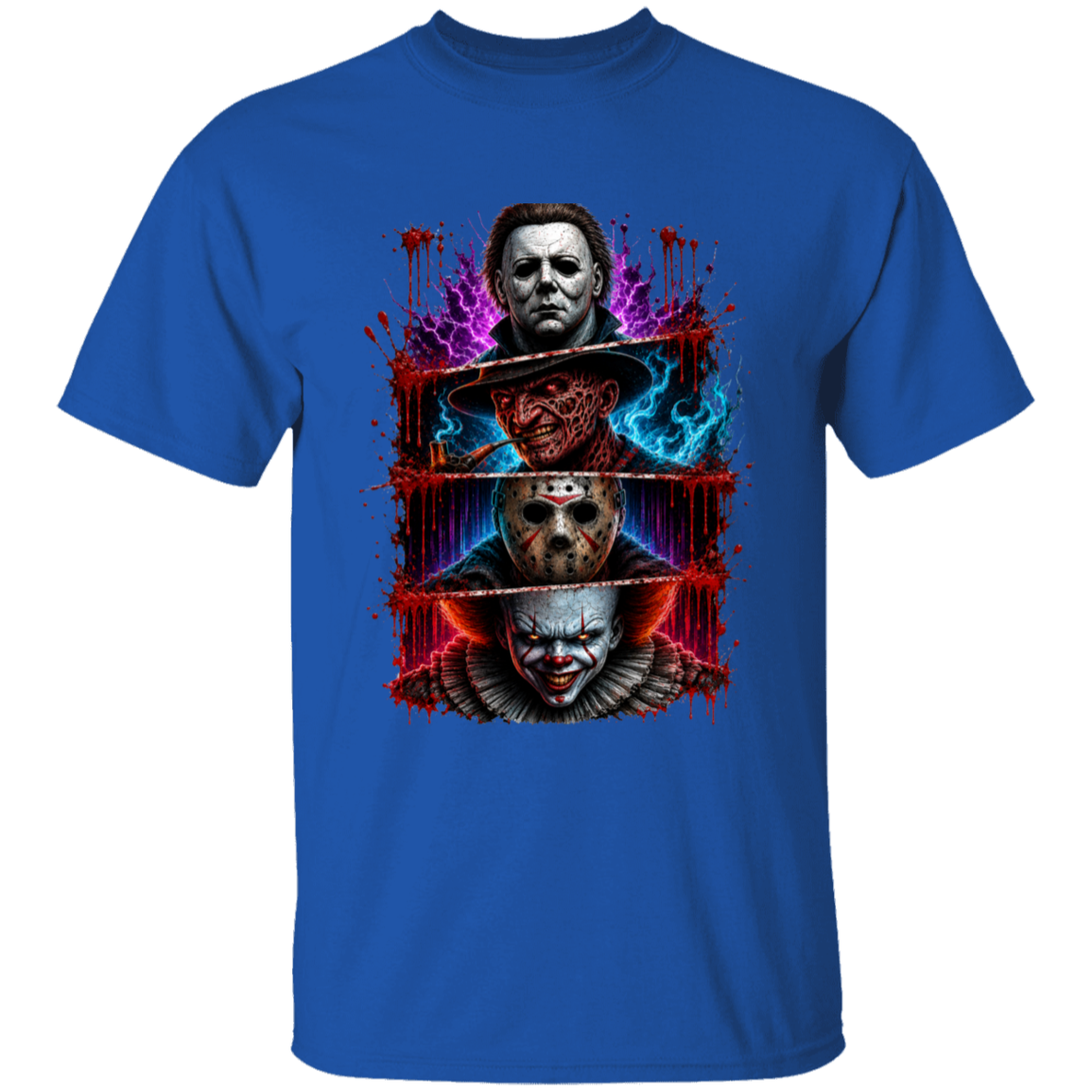 A royal blue short-sleeve t-shirt with a large, colorful graphic print on the front featuring horror movie villains Michael Myers, Jason Voorhees, Freddy Krueger, and Pennywise.