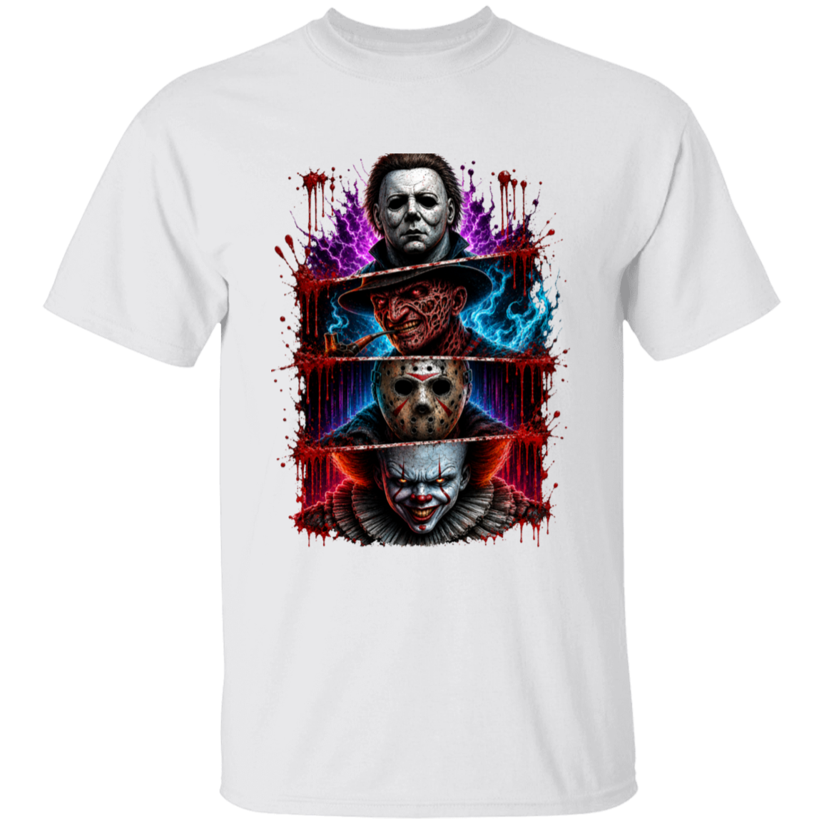 A white short-sleeve crewneck t-shirt featuring a large, colorful graphic print of three horror movie villains: Michael Myers, Jason Voorhees, and Pennywise the Clown, styled with red blood splatters and blue energy effects.