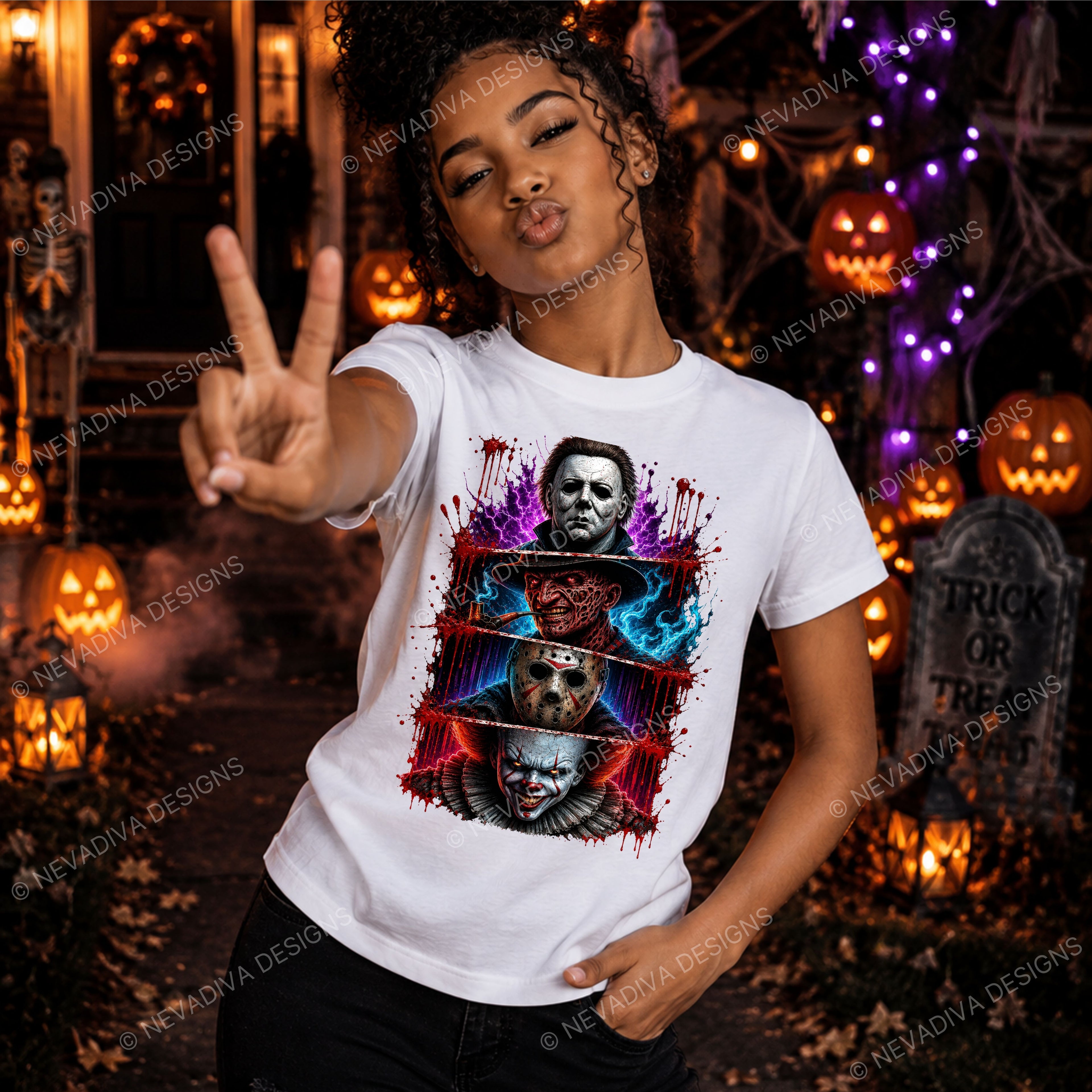 A woman posing in a white graphic t-shirt featuring horror movie villains Michael Myers, Jason Voorhees, and Freddy Krueger, set against a spooky Halloween background with jack-o'-lanterns and tombstones.