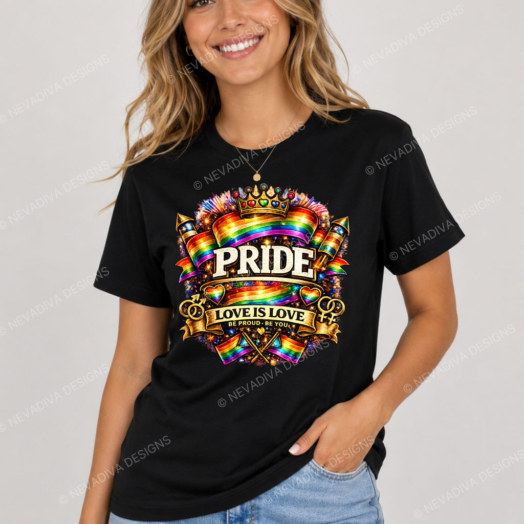 Person wearing a black t-shirt with Pride-themed design on a plain background