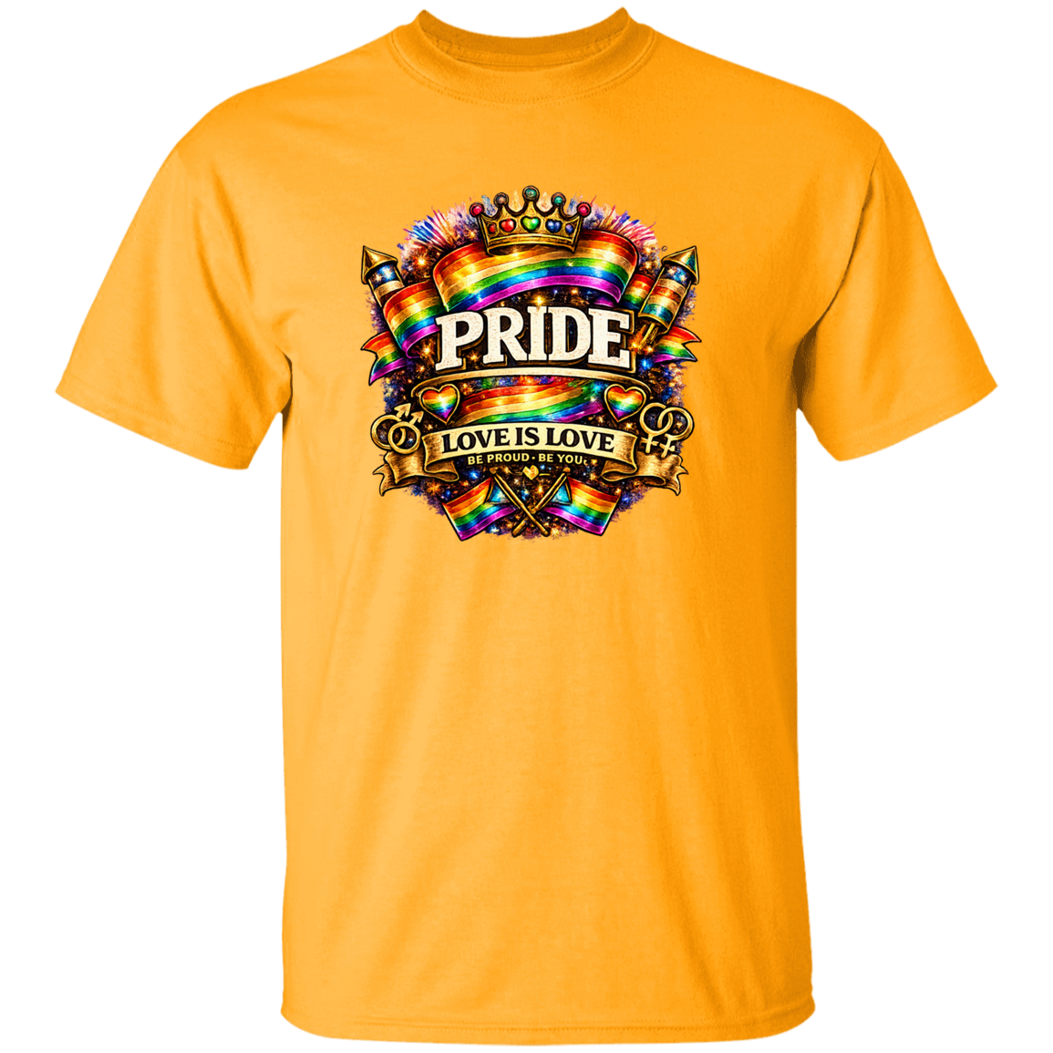 A Gold T shirt with Pride love is love on the front