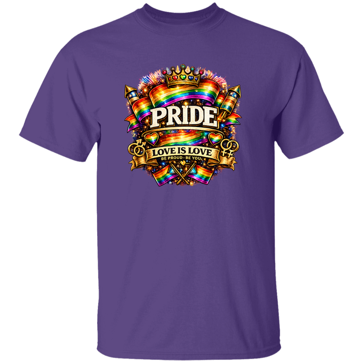 A purple t shirt with Pride love is love on the front