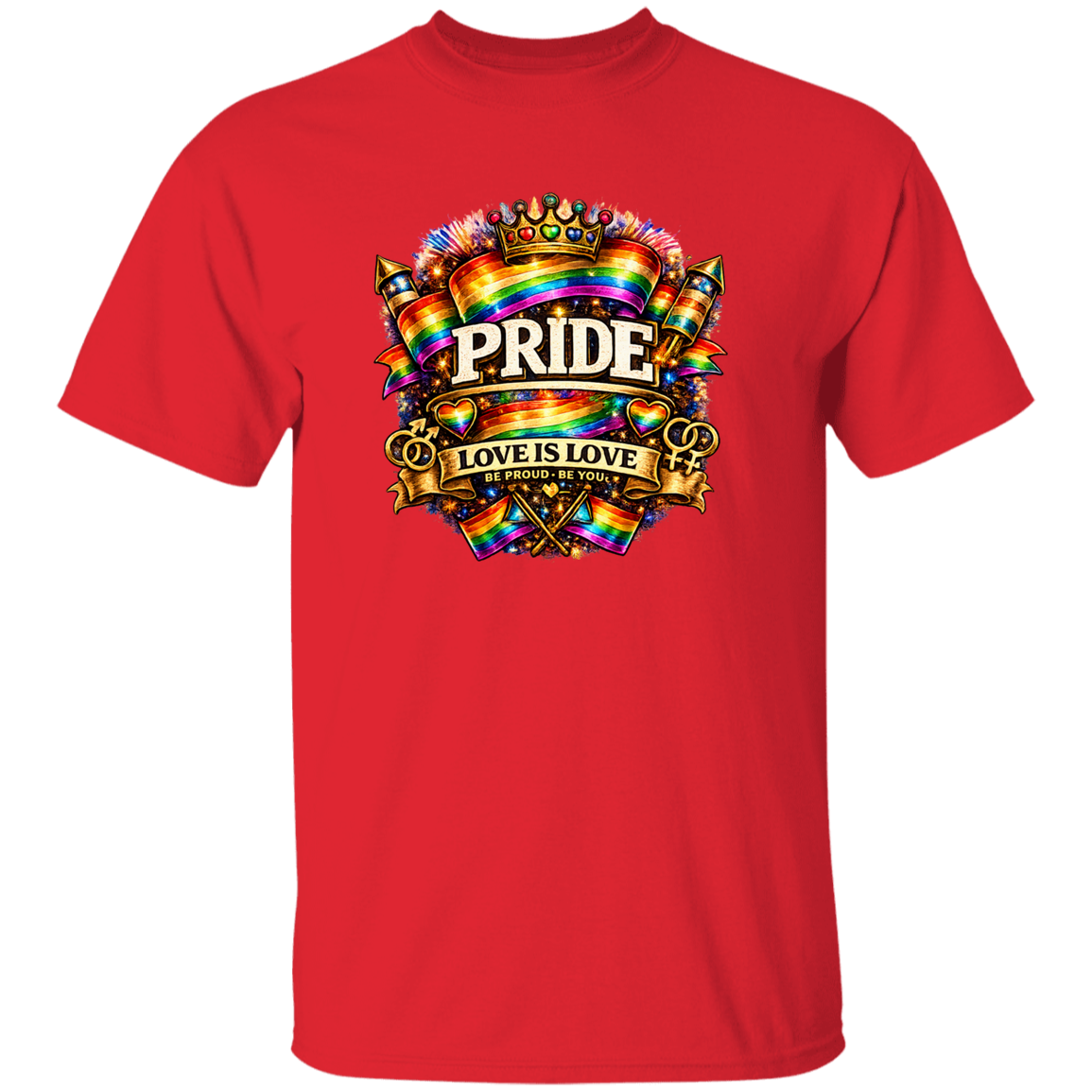 A Red t shirt with Pride Love is love on the front
