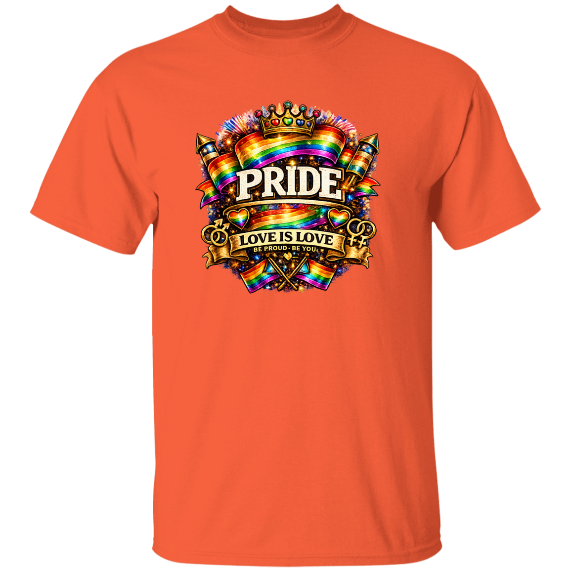 an Orange t shirt with Pride love is love on the front