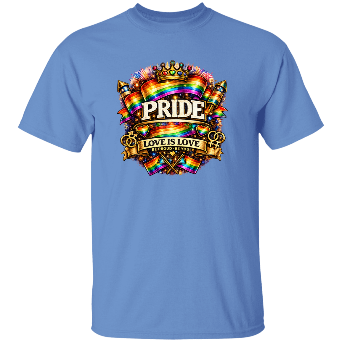 A carolina blue t shirt with Pride love is love on the front