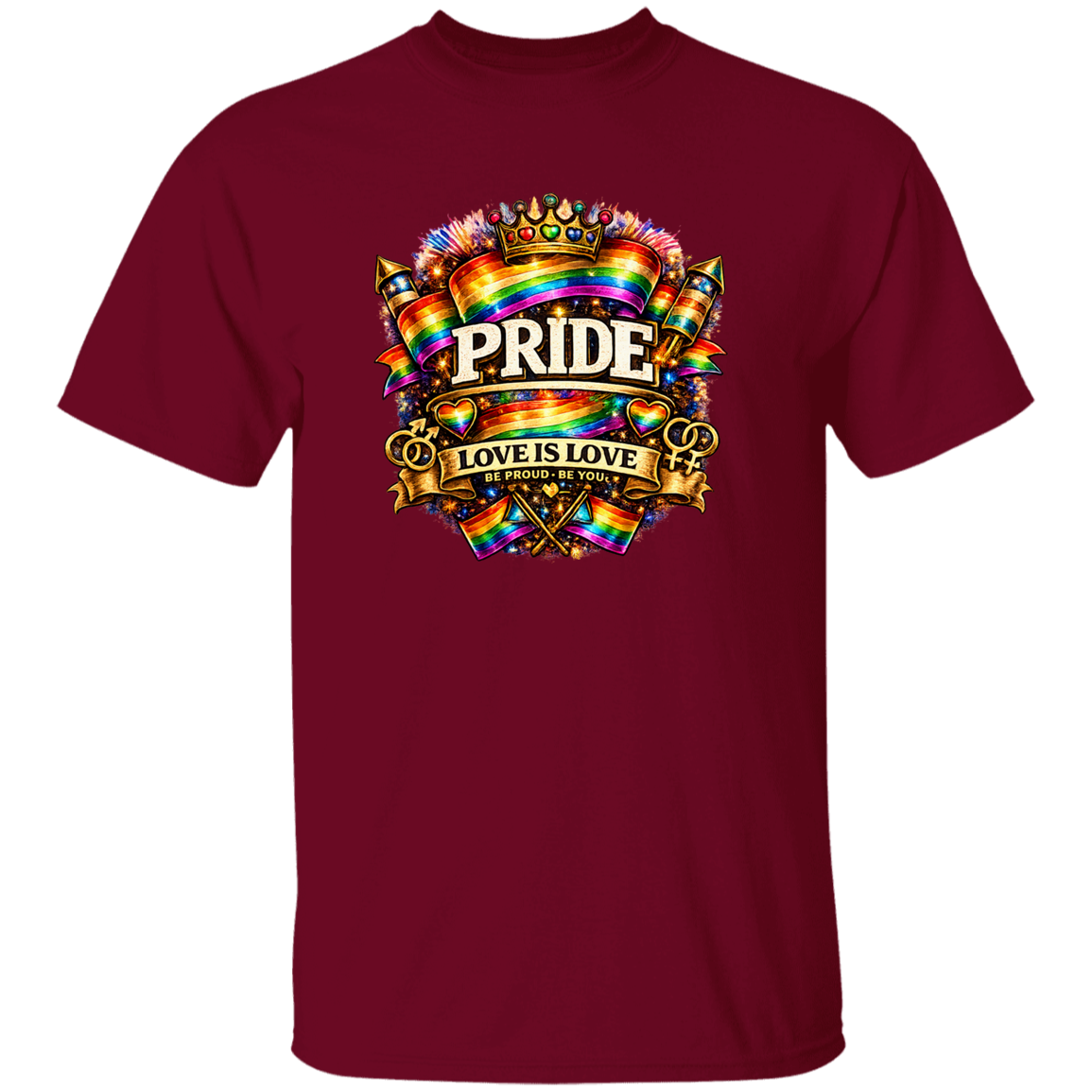 A heliconia t shirt with Pride love is love on the front