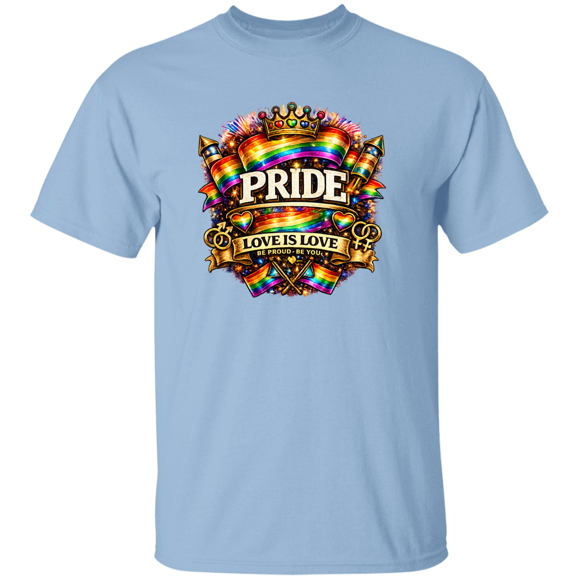 light blue t shirt with Pride love is love on the front 