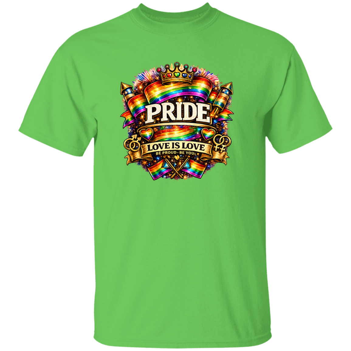 A lime T shirt with Pride love is love on the front 